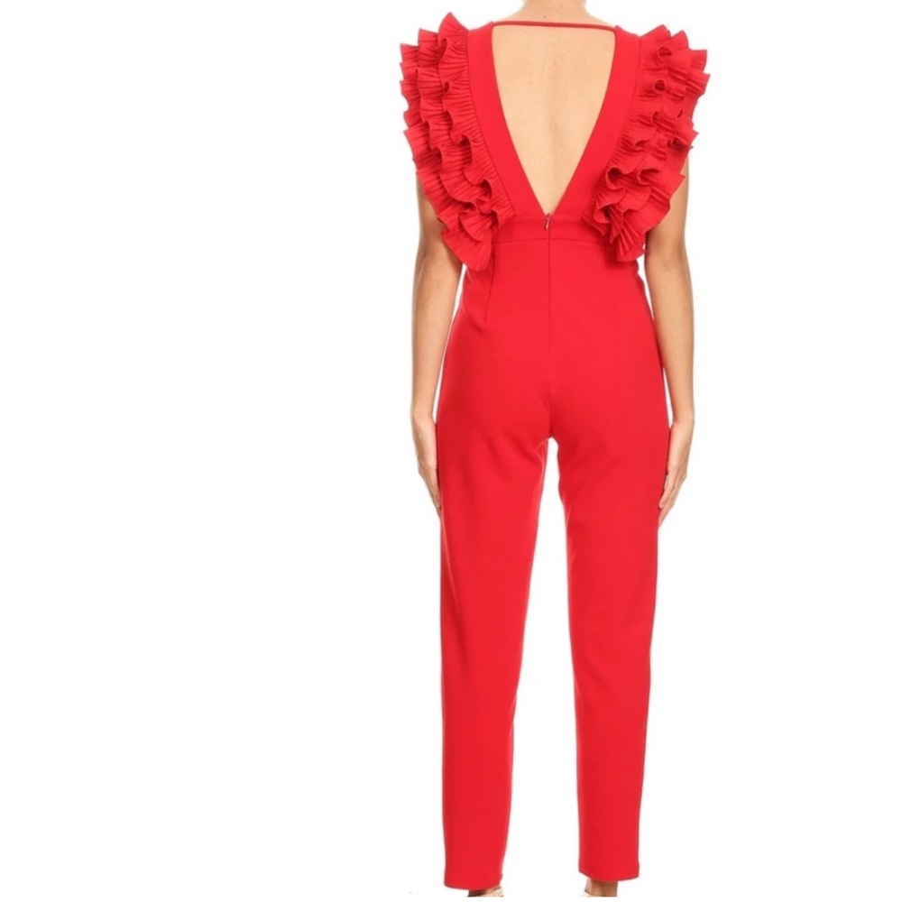 Ina Red Ruffle V-Neck Jumpsuit - Picture 3 of 6